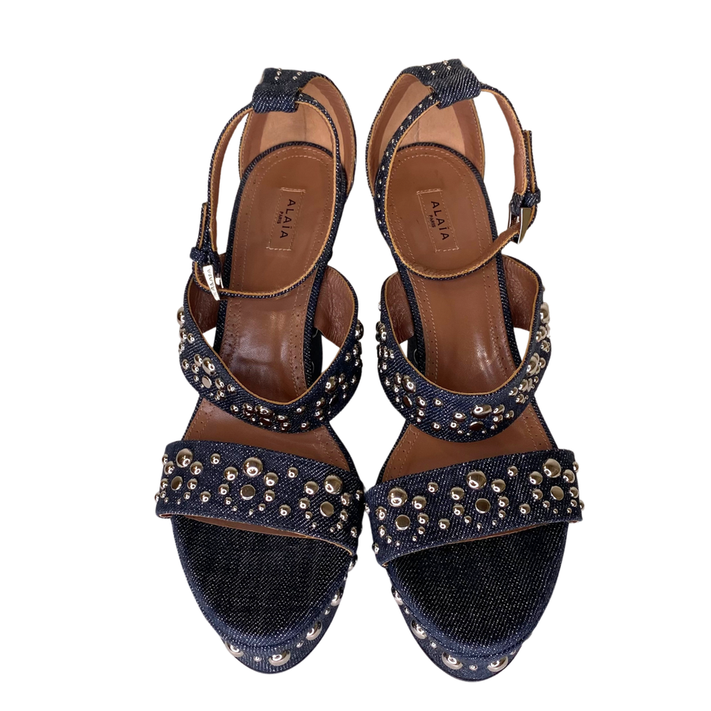 Alaia Denim Studded Wedge, 40.5