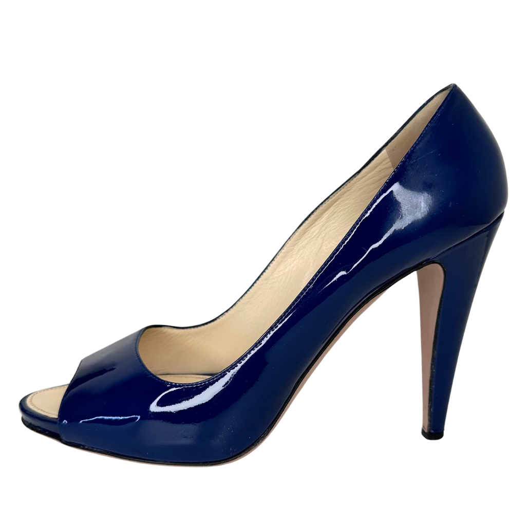 Prada Blue Patent Peep Toe Pump, 41