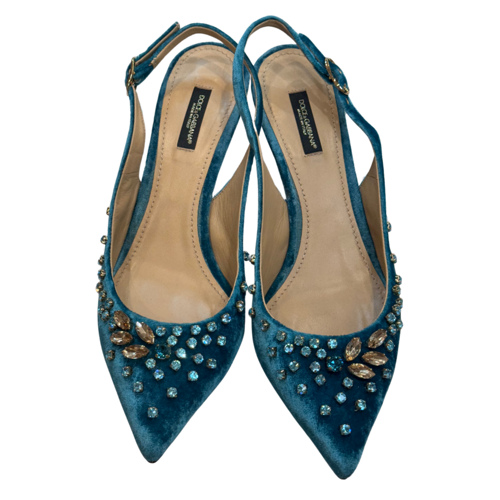 Dolce & Gabbana Teal Velvet Embellished Slingback Heel, 39