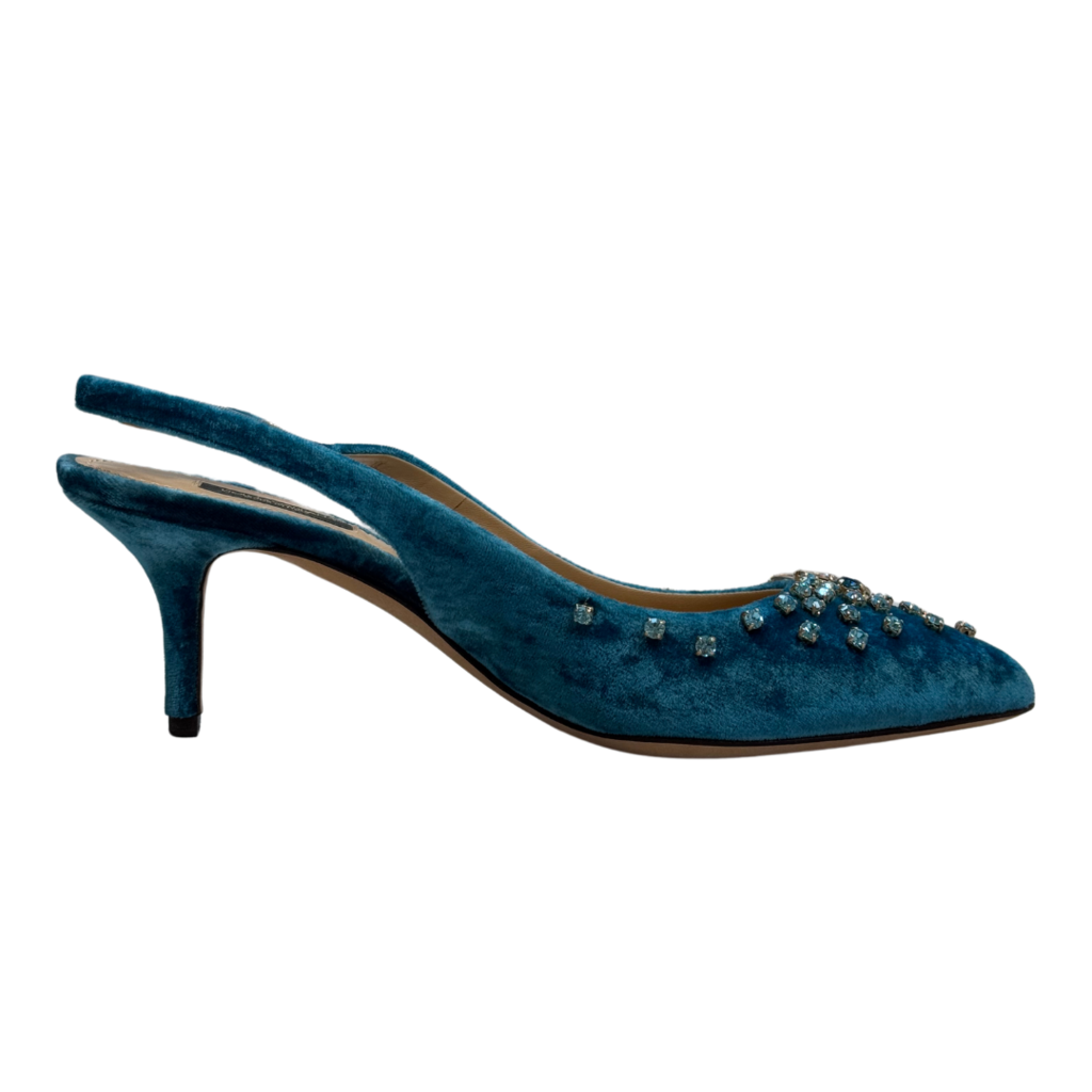 Dolce & Gabbana Teal Velvet Embellished Slingback Heel, 39