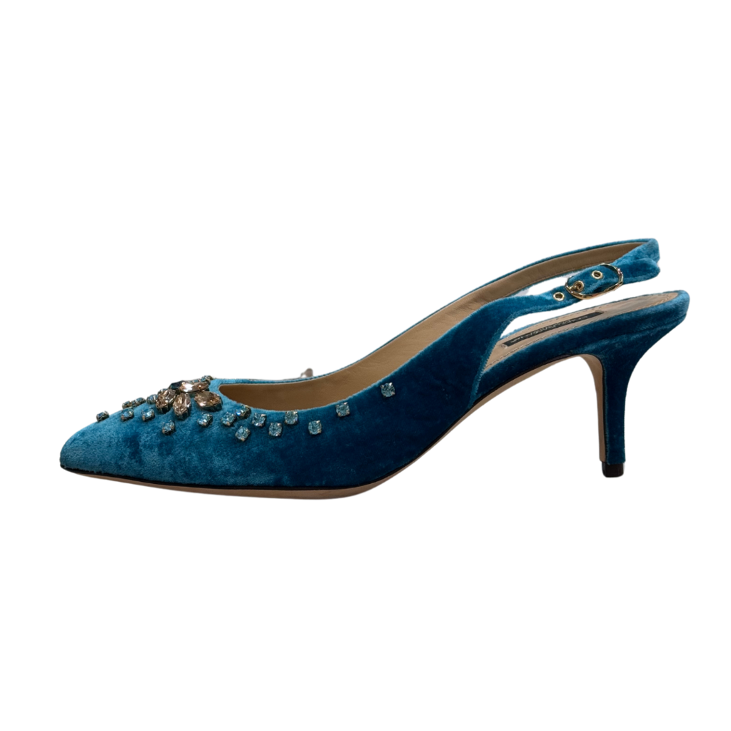 Dolce & Gabbana Teal Velvet Embellished Slingback Heel, 39