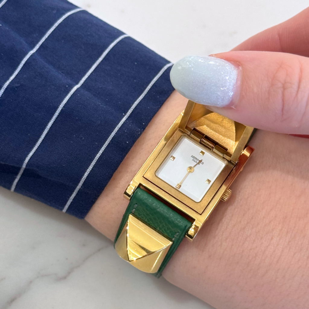 Hermes Green Pyramid Stud Medor Watch