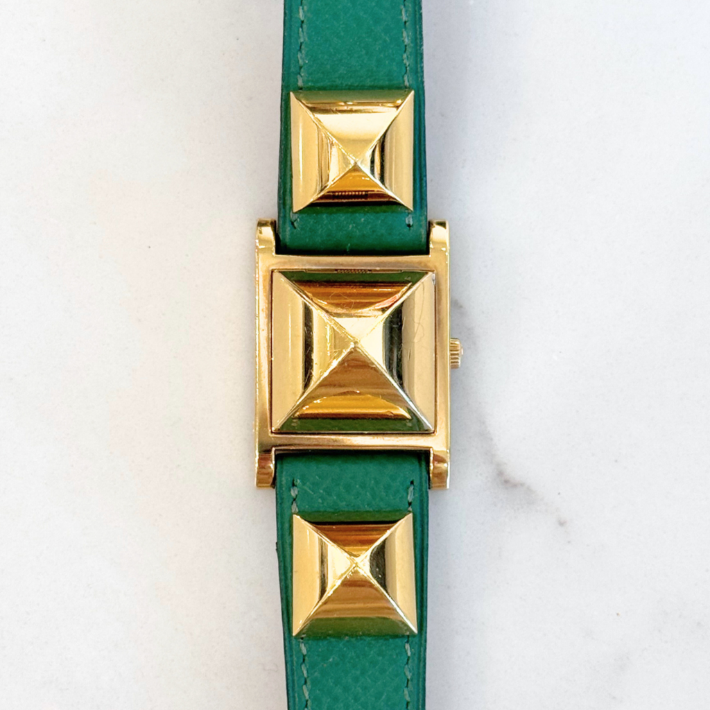 Hermes Green Pyramid Stud Medor Watch