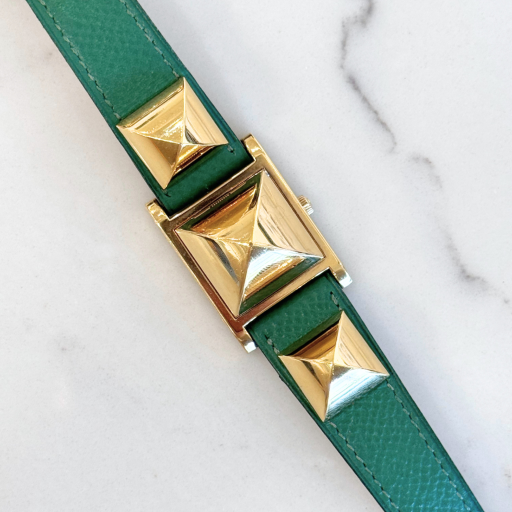 Hermes Green Pyramid Stud Medor Watch
