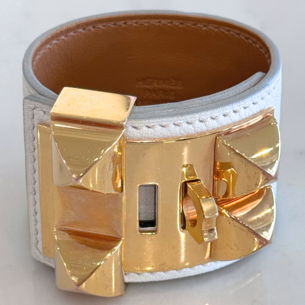 Hermes White Leather Collier de Chien Leather Wrap Bracelet