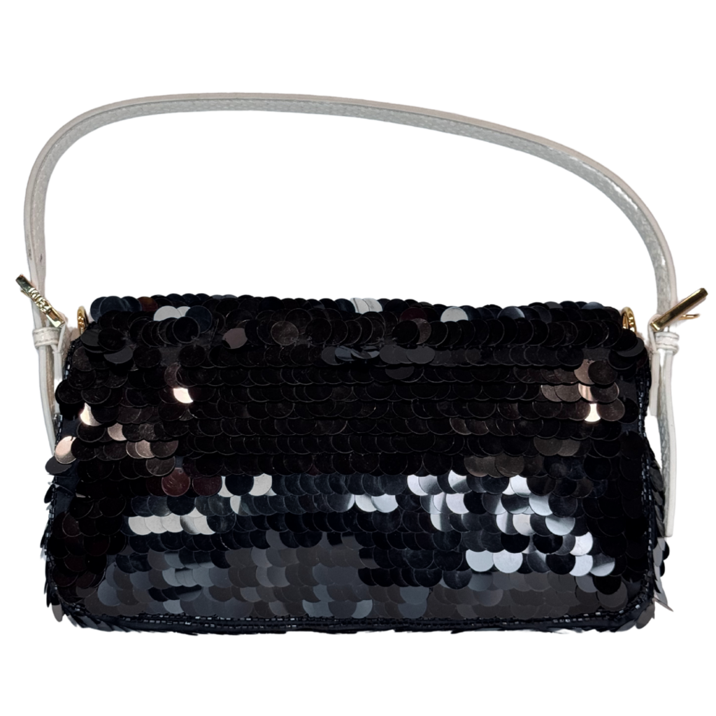Fendi '97 Black Satin Sequin & White Snakeskin Handle Mini Baguette