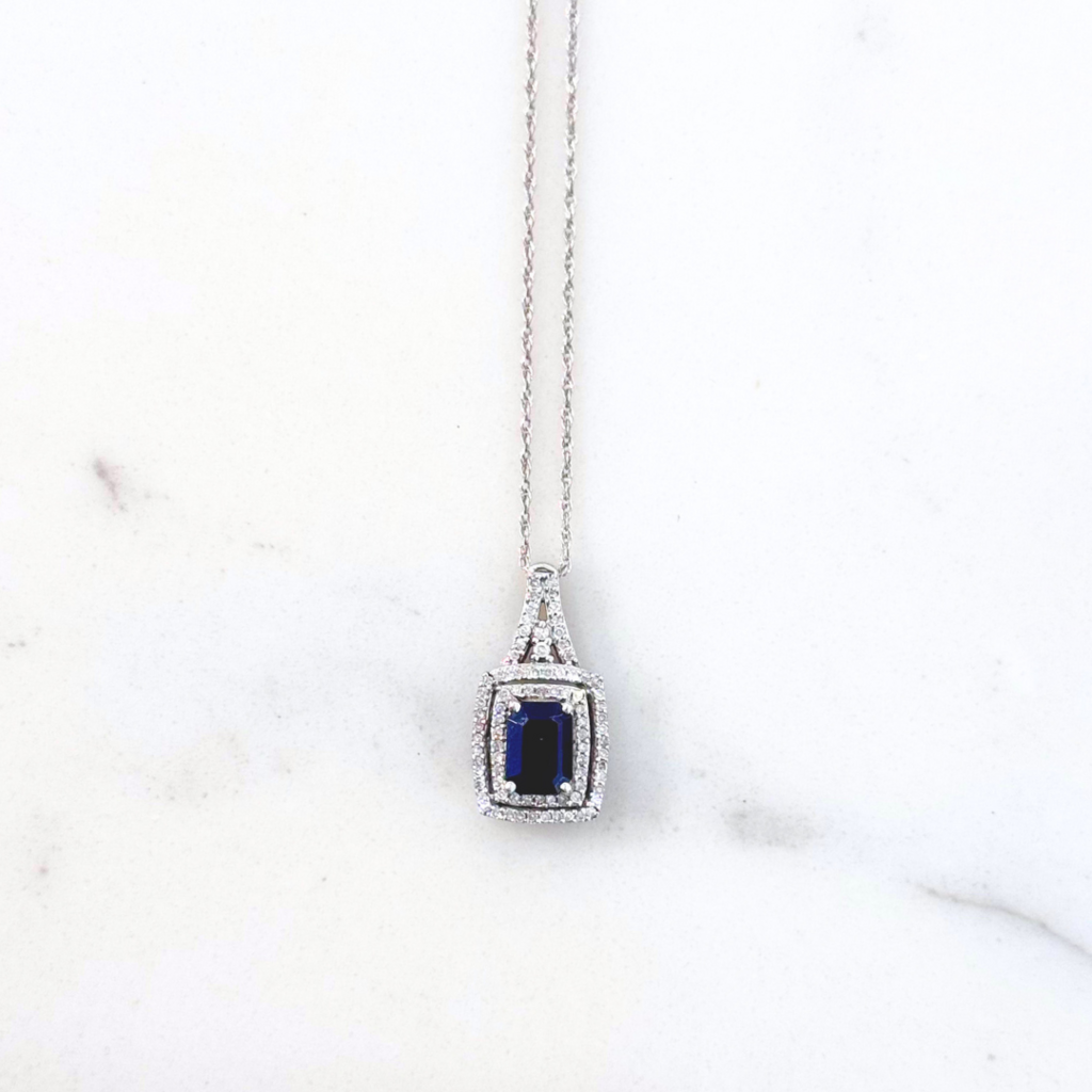 Blue Saphire Stone And Pave Diamond Necklace