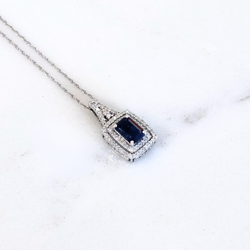 Blue Saphire Stone And Pave Diamond Necklace