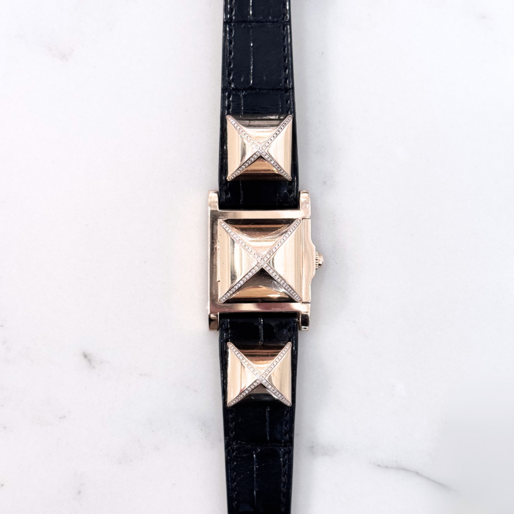 Hermes Diamond Medor Black Croc Watch