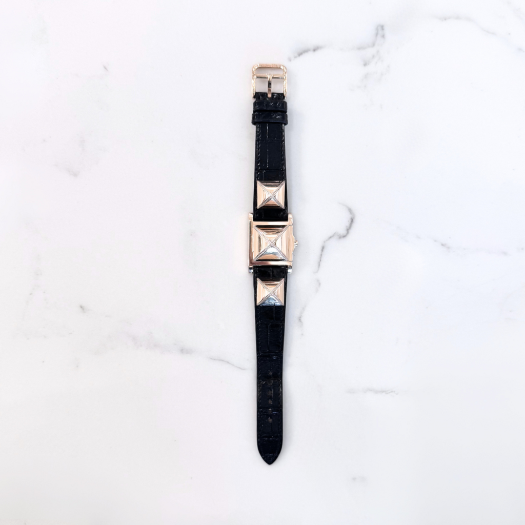 Hermes Diamond Medor Black Croc Watch
