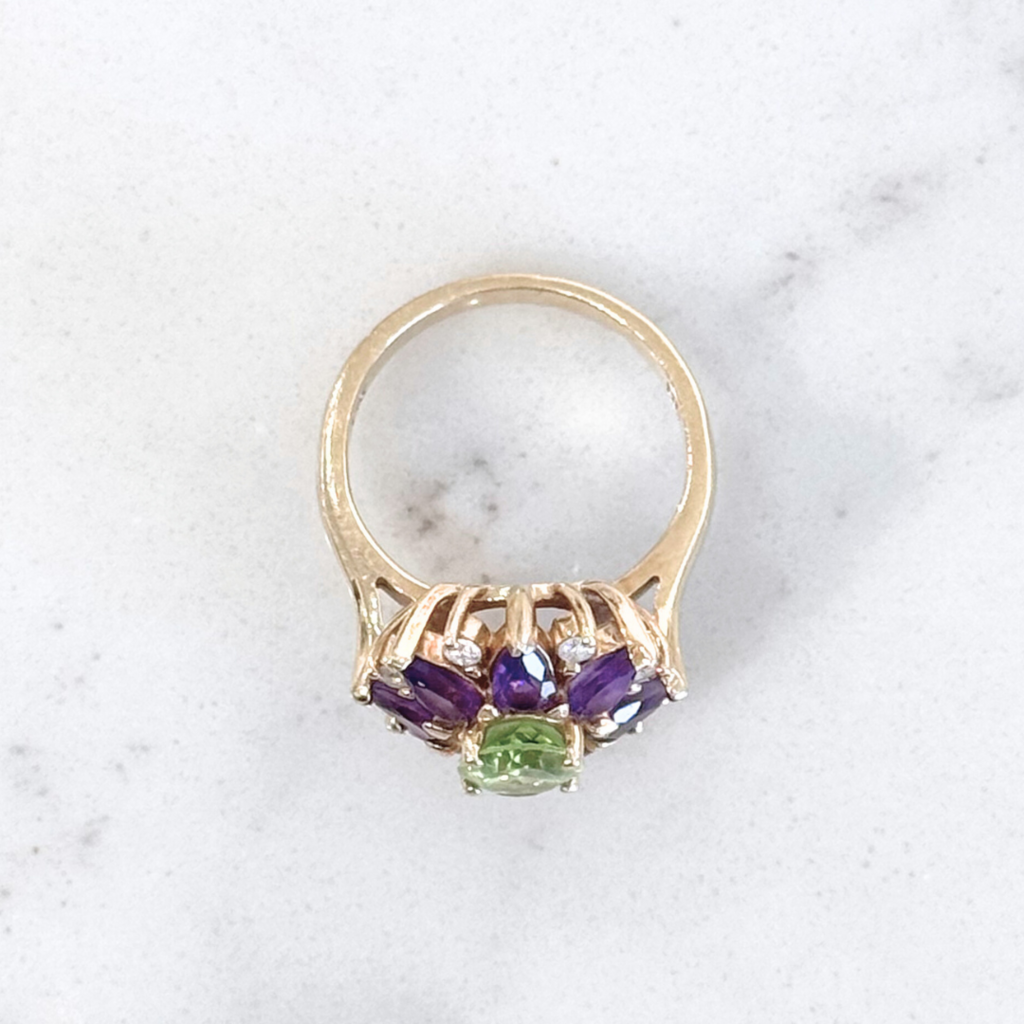 Green Peridot, Amethyst and Diamond Ring - 14K Gold