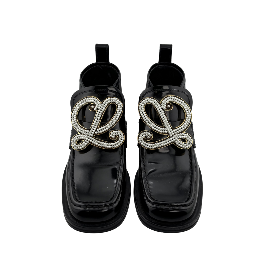 Loewe Patent Leather Beaded Logo Ankle Boot, 38