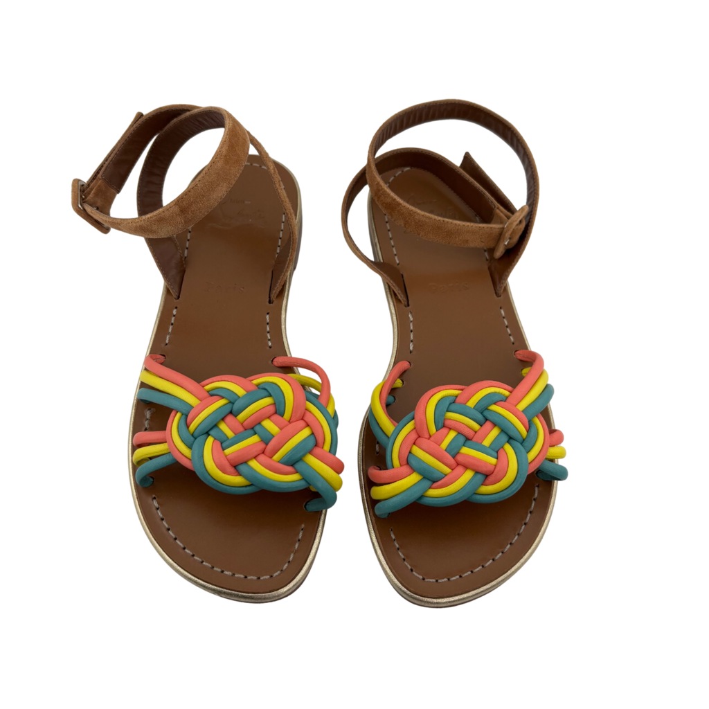 Christian Louboutin Multi Color Leather Ankle Strap Ella Flat Sandals, 38