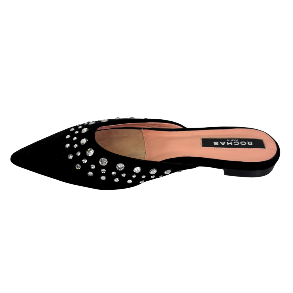 Rochas Velvet Rhinestone Mule Flats, 37.5
