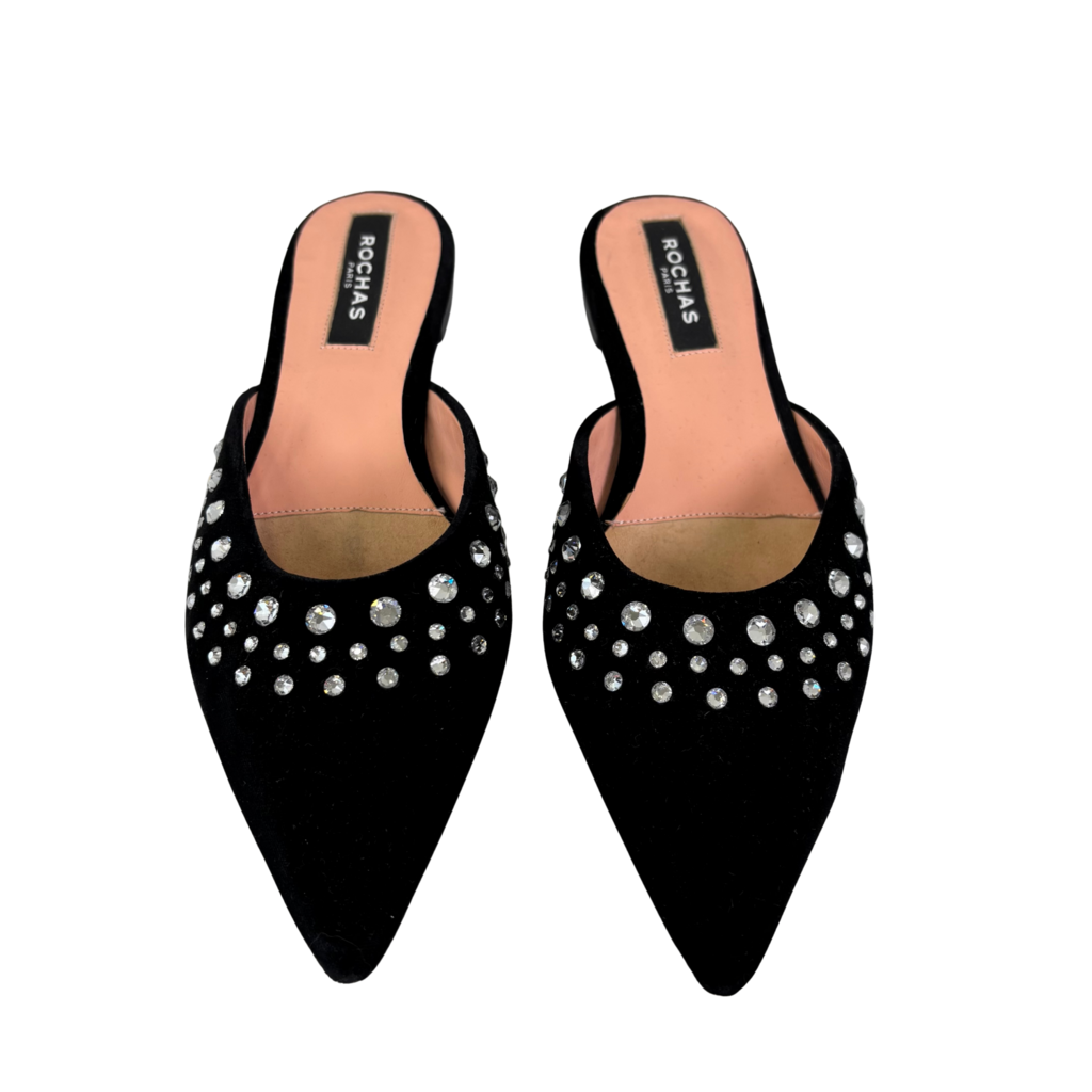 Rochas Velvet Rhinestone Mule Flats, 37.5