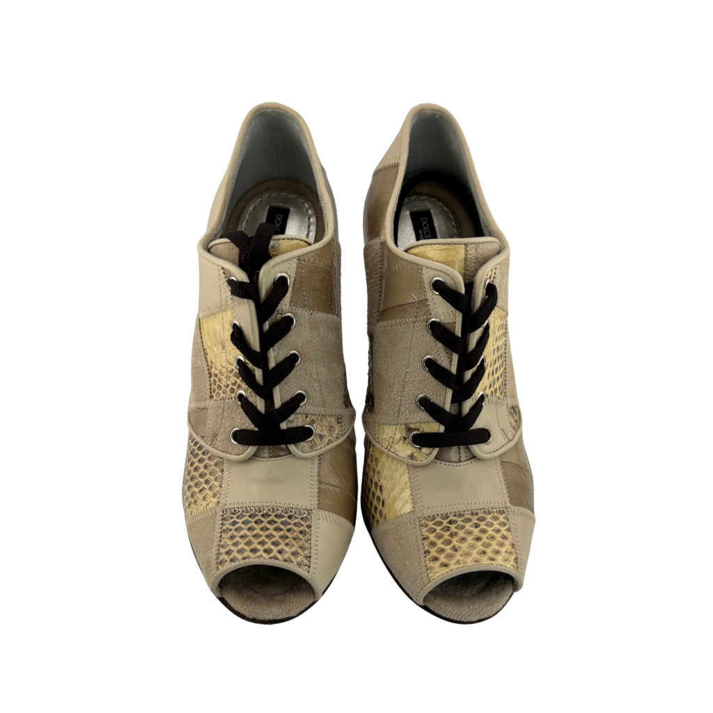 Dolce & Gabbana Patchwork Mixed Media Lace-up Heels, 35