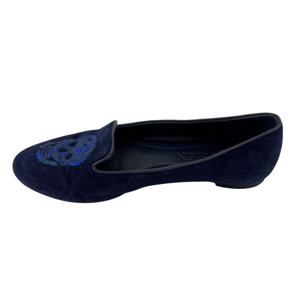 Alexander McQueen Blue Suede Sequin Skull Loafers, 35