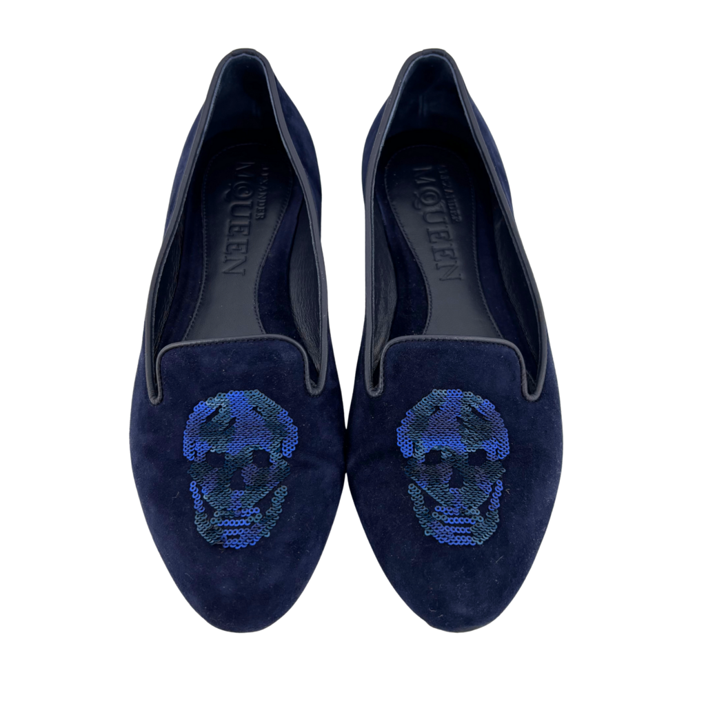 Alexander McQueen Blue Suede Sequin Skull Loafers, 35
