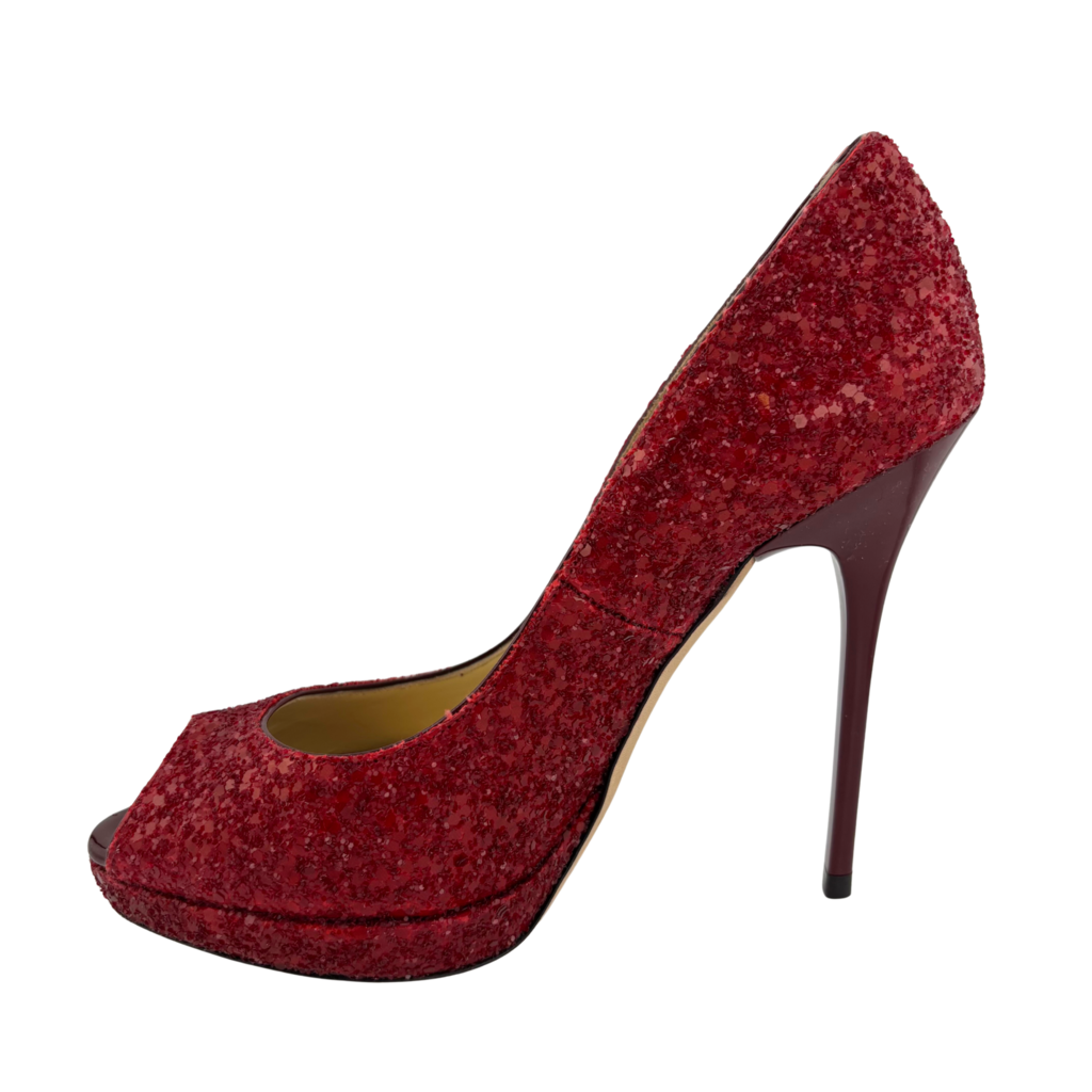 Jimmy Choo Red Glitter Peep Toe Pumps, 35