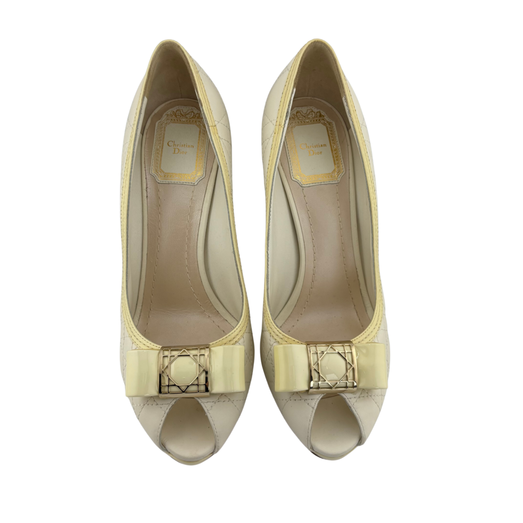 Christian Dior White & Yellow Quilted Bow Peep Toe Cannage Pump, 38