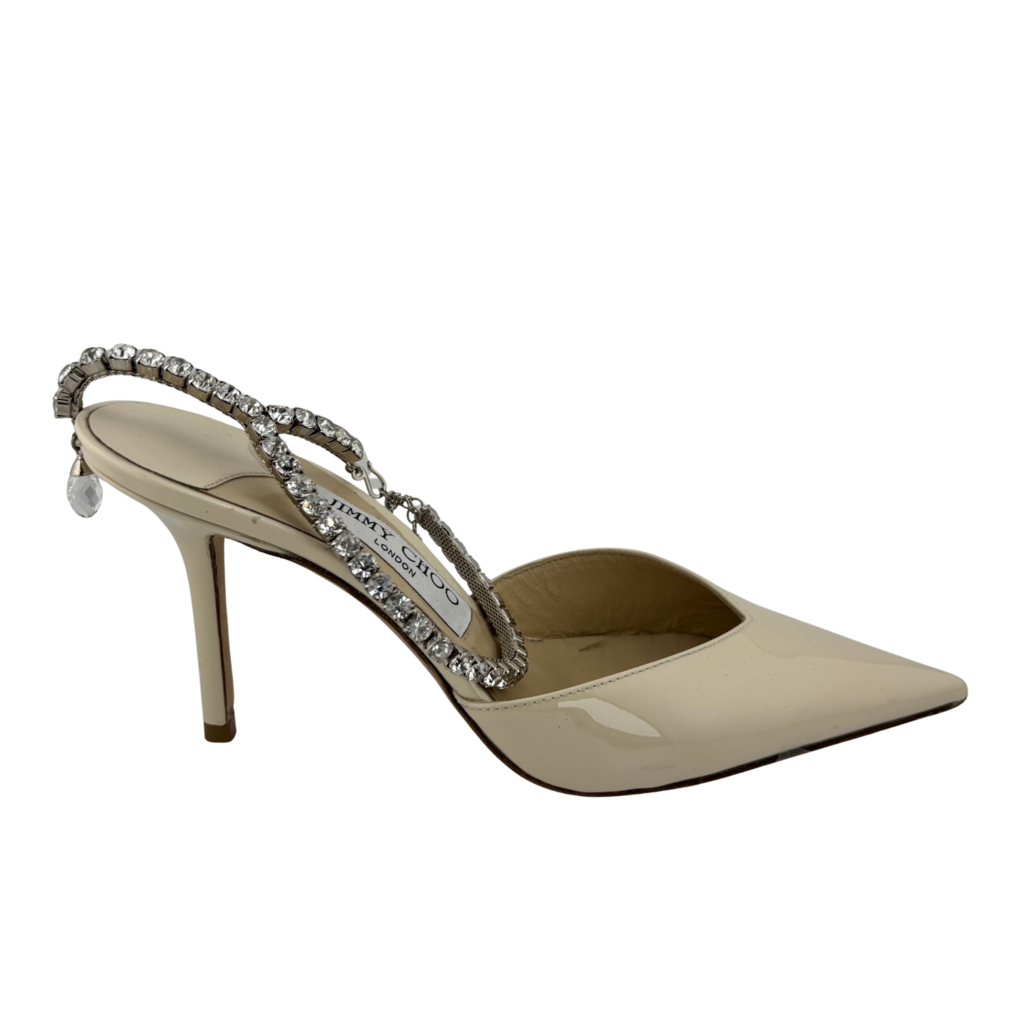 Jimmy Choo Ivory Patent Embellished Ankle Strap Saeda Pumps, 38