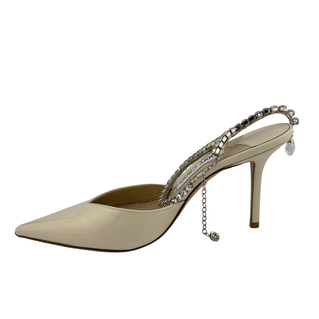 Jimmy Choo Ivory Patent Embellished Ankle Strap Saeda Pumps, 38