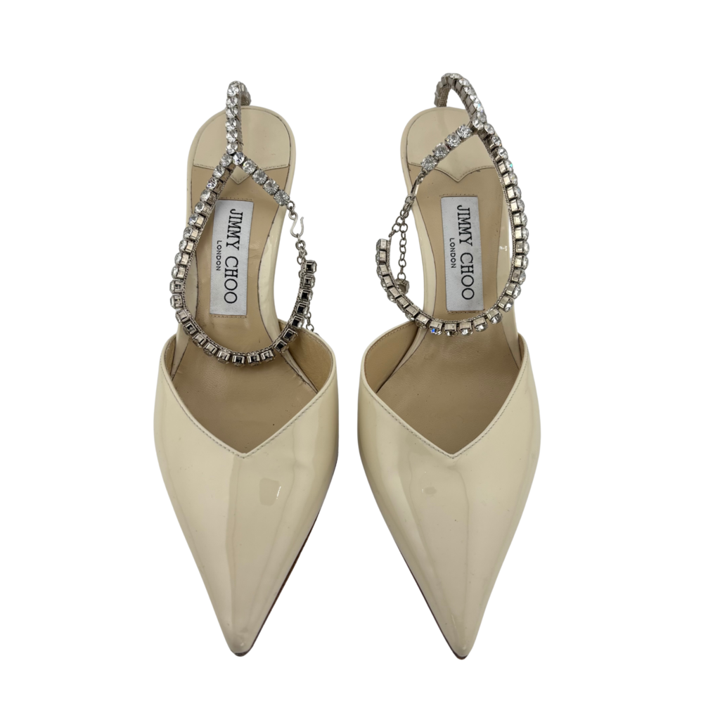 Jimmy Choo Ivory Patent Embellished Ankle Strap Saeda Pumps, 38