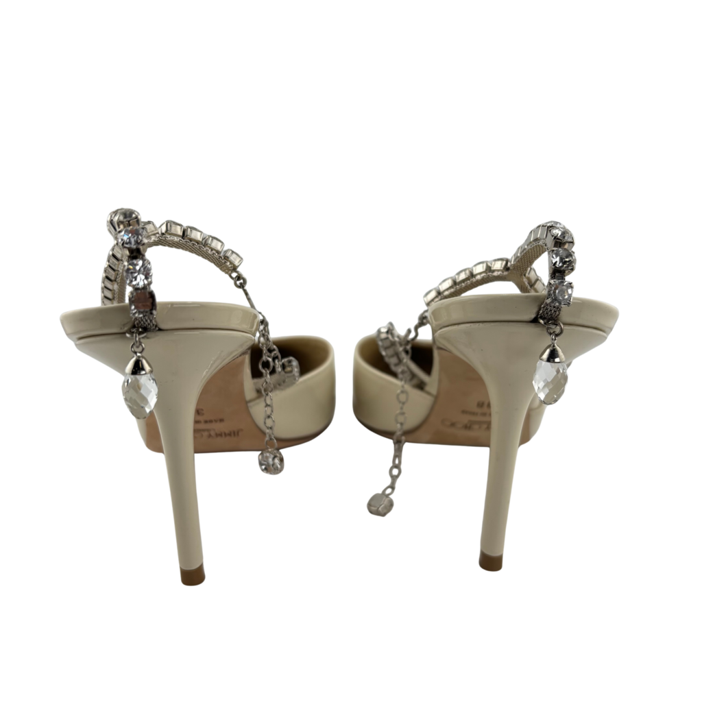 Jimmy Choo Ivory Patent Embellished Ankle Strap Saeda Pumps, 38