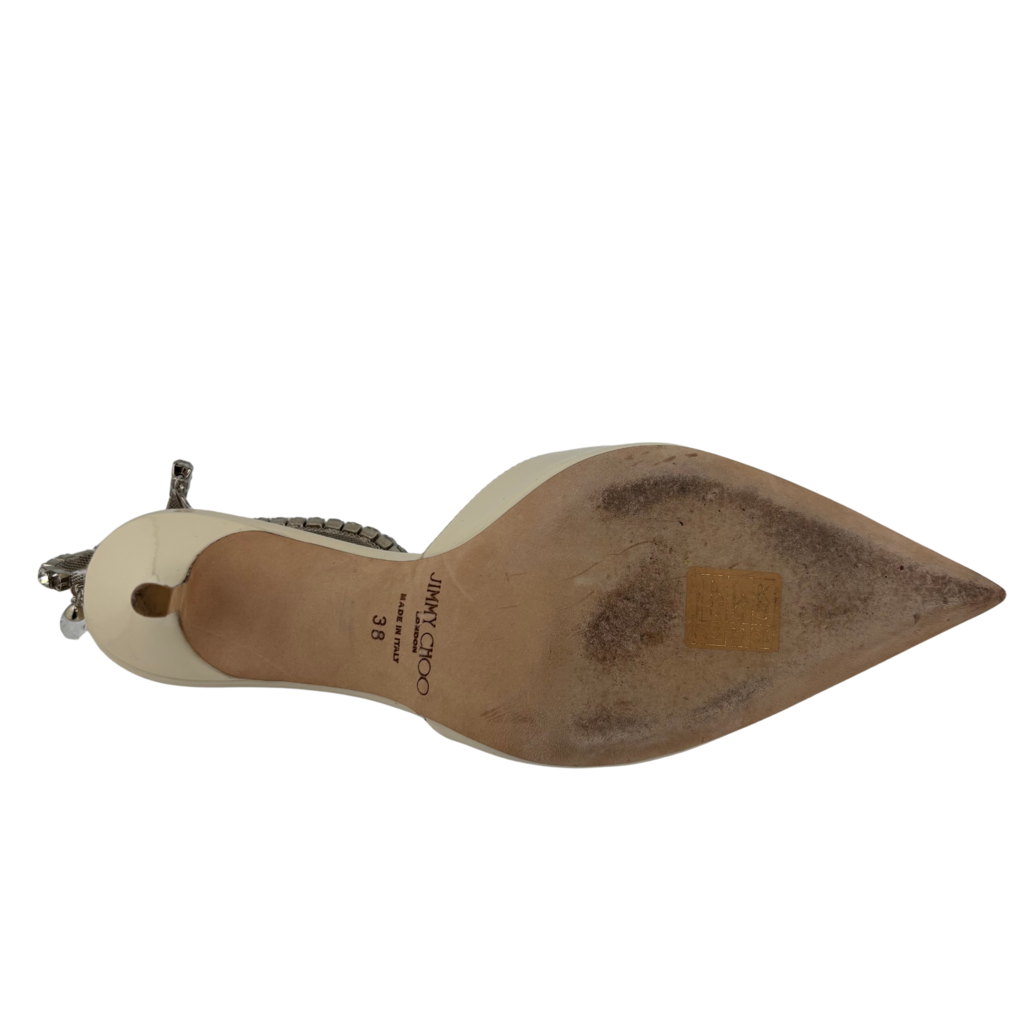 Jimmy Choo Ivory Patent Embellished Ankle Strap Saeda Pumps, 38