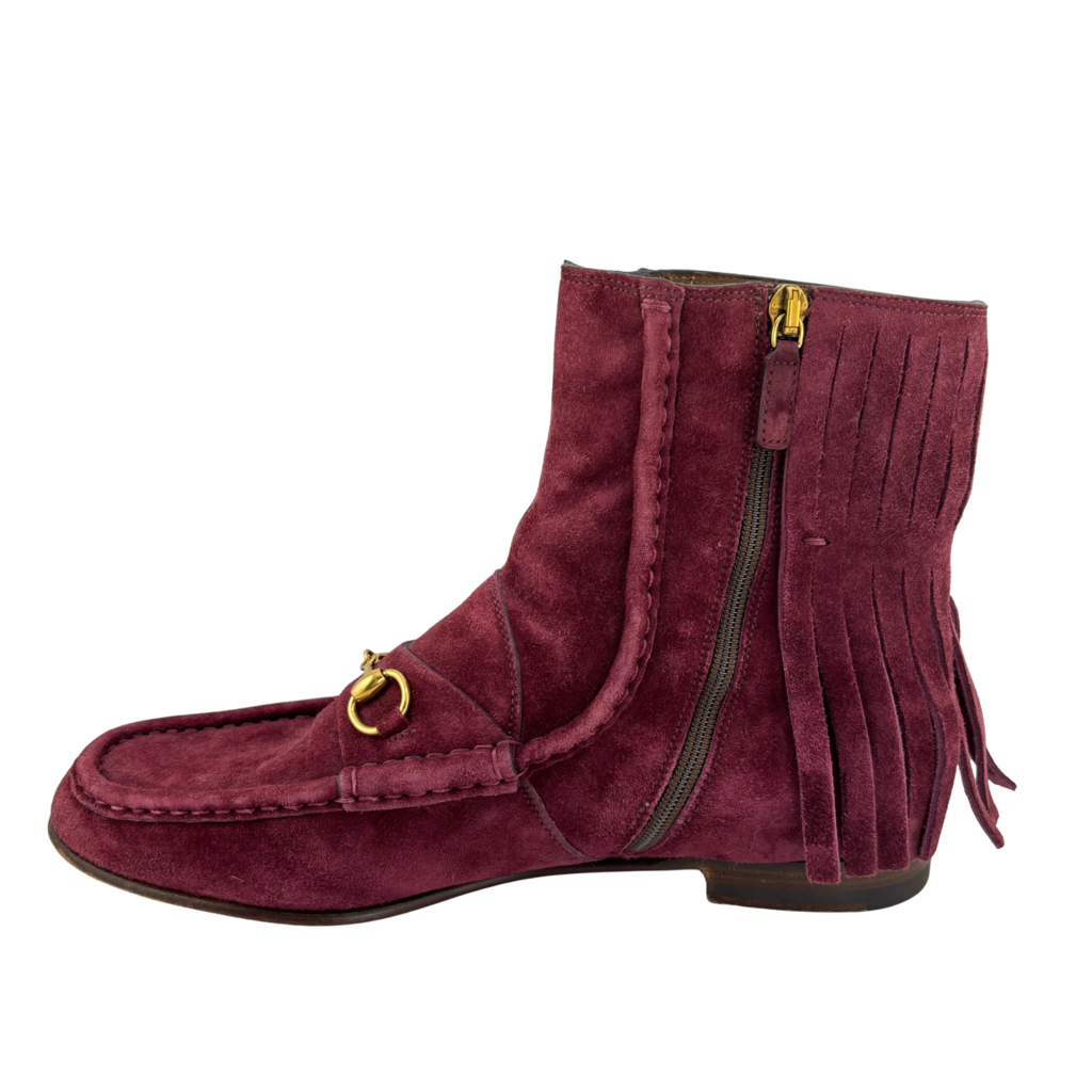 Gucci Burgundy Suede Fringe Ankle Boot, 38.5