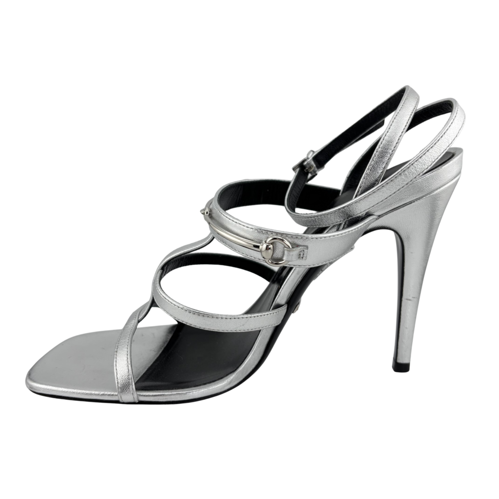 Gucci Silver Metallic Horsebit Caged Heels, 38.5