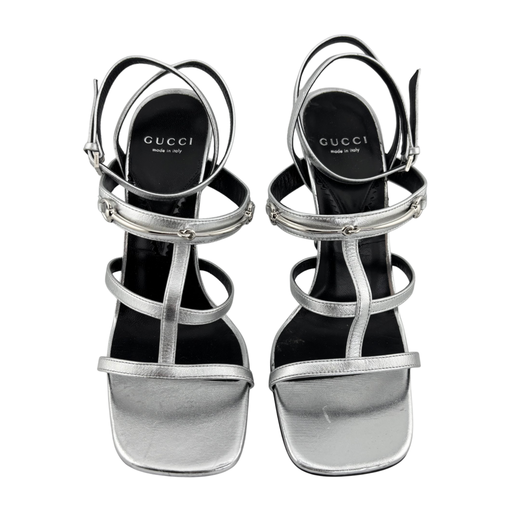 Gucci Silver Metallic Horsebit Caged Heels, 38.5