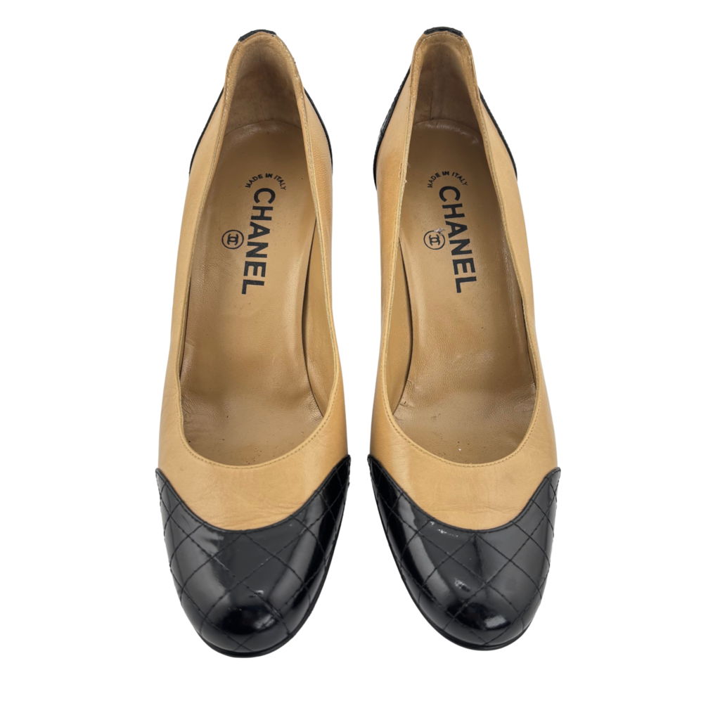 Chanel Tan Leather Black Cap Toe Heel, 38
