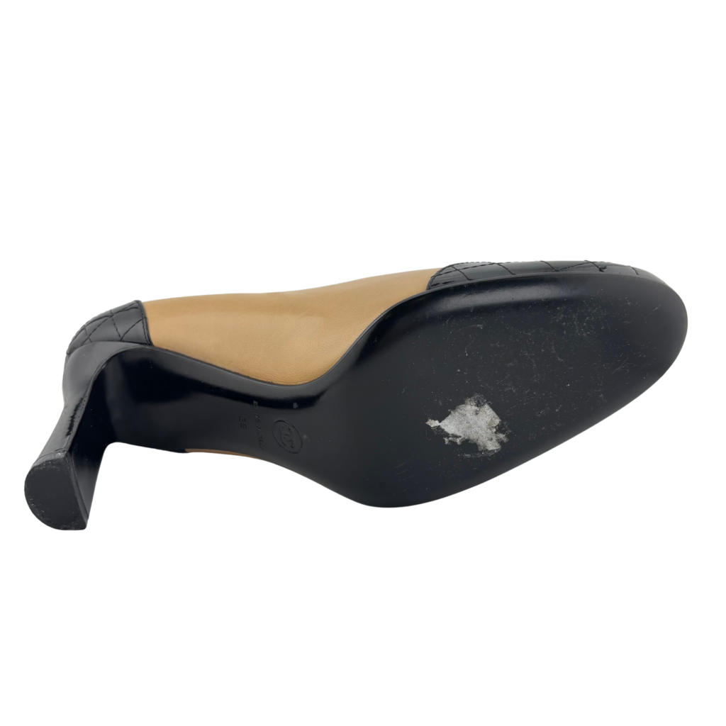 Chanel Tan Leather Black Cap Toe Heel, 38