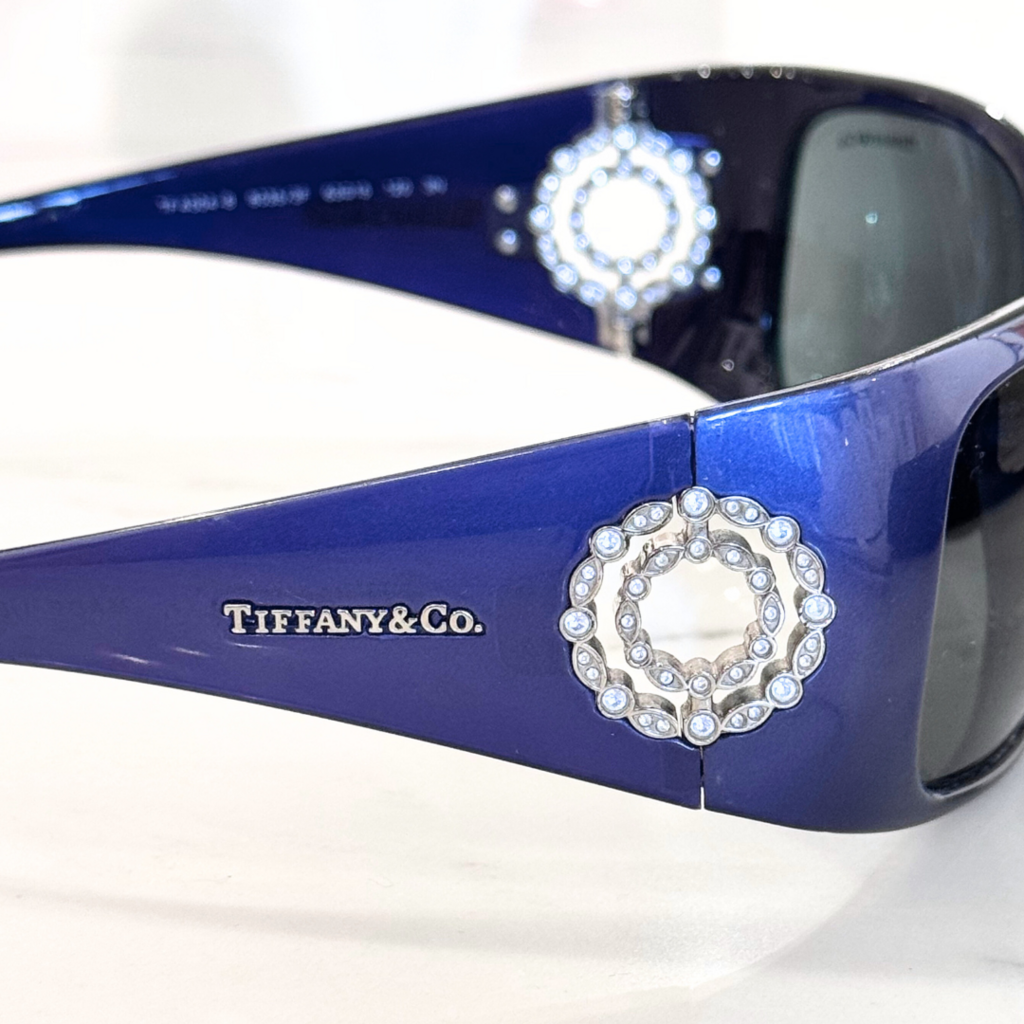 Tiffany & Co Navy Crystal Starburst Rectangular Wrap Around Sunglasses
