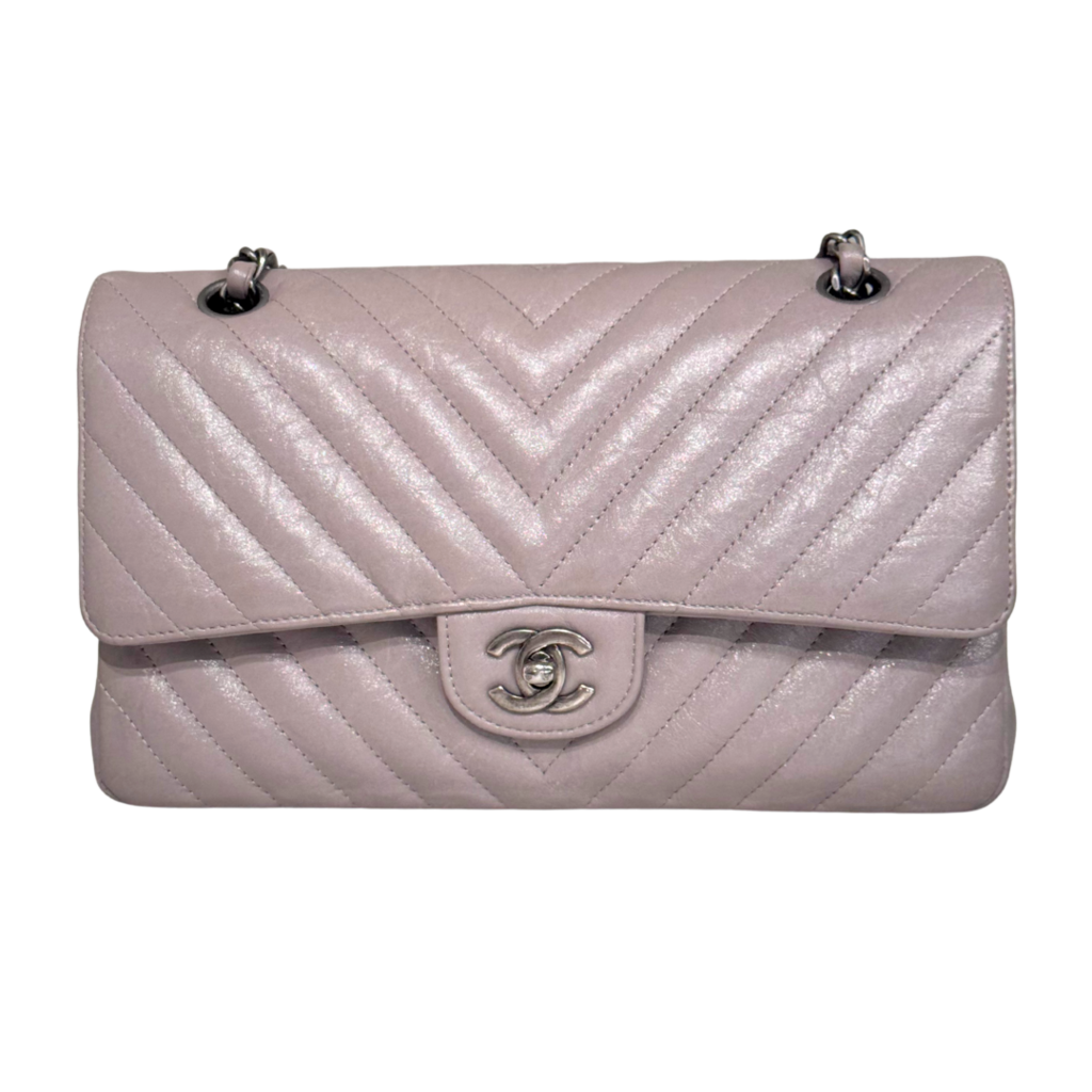 Chanel Classic Flap Gray Chevron Calfskin Medium (FULL SET)