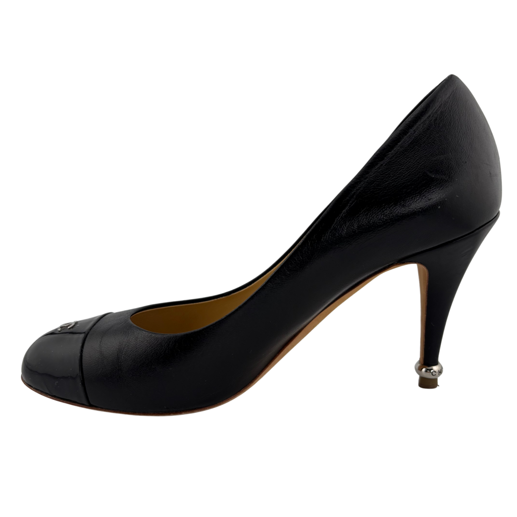 Chanel Black Leather CC Logo Cap Toe Pumps, 38.5