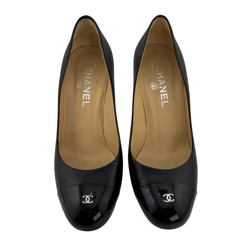 Chanel Black Leather CC Logo Cap Toe Pumps, 38.5