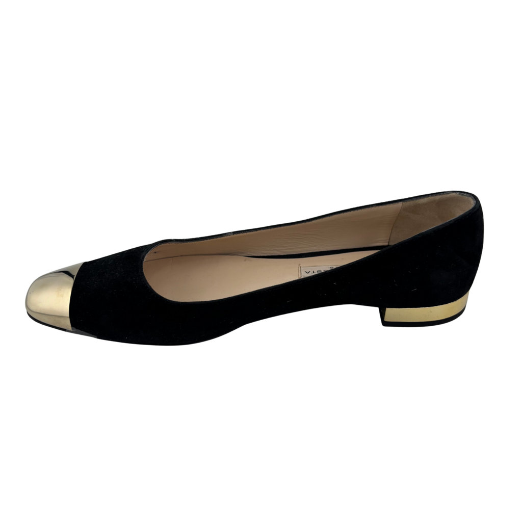 Roberto Festa Black Suede Gold Cap Toe Flats, 38