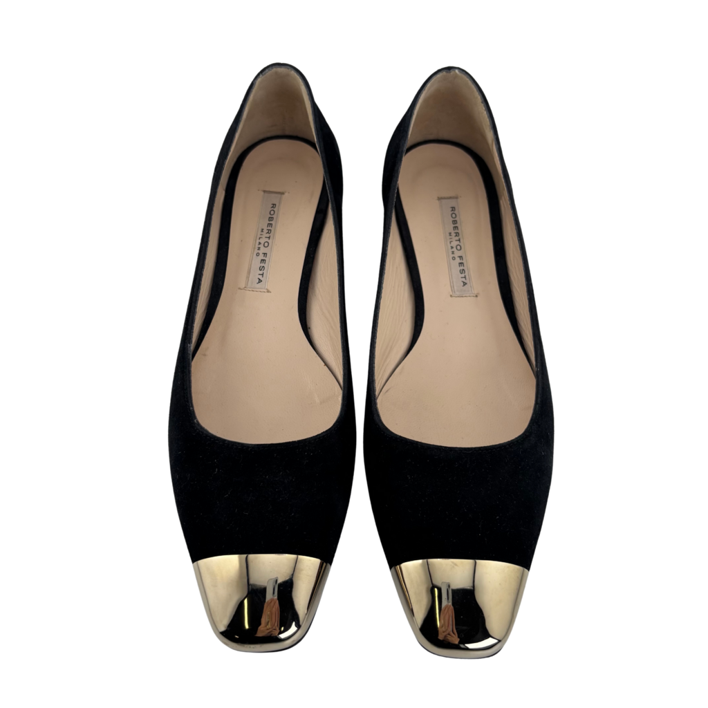 Roberto Festa Black Suede Gold Cap Toe Flats, 38