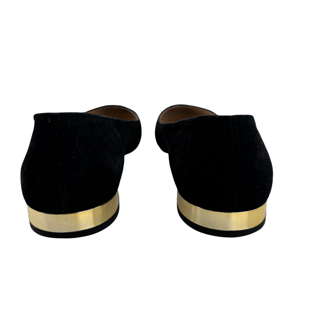 Roberto Festa Black Suede Gold Cap Toe Flats, 38