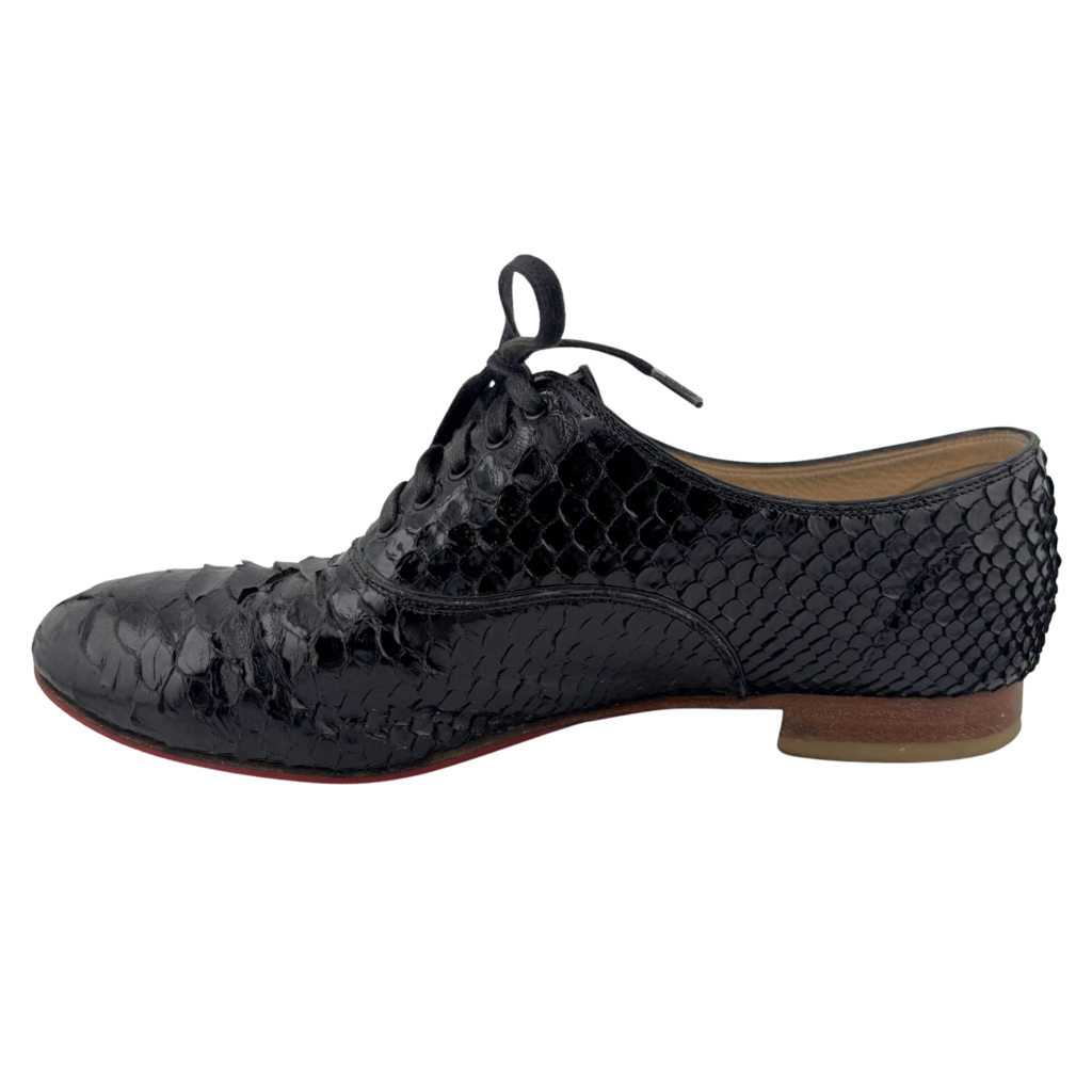 Christian Louboutin Black Python Lace Up Flat, 37.5