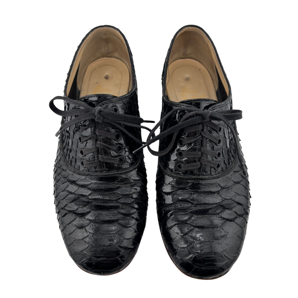 Christian Louboutin Black Python Lace Up Flat, 37.5