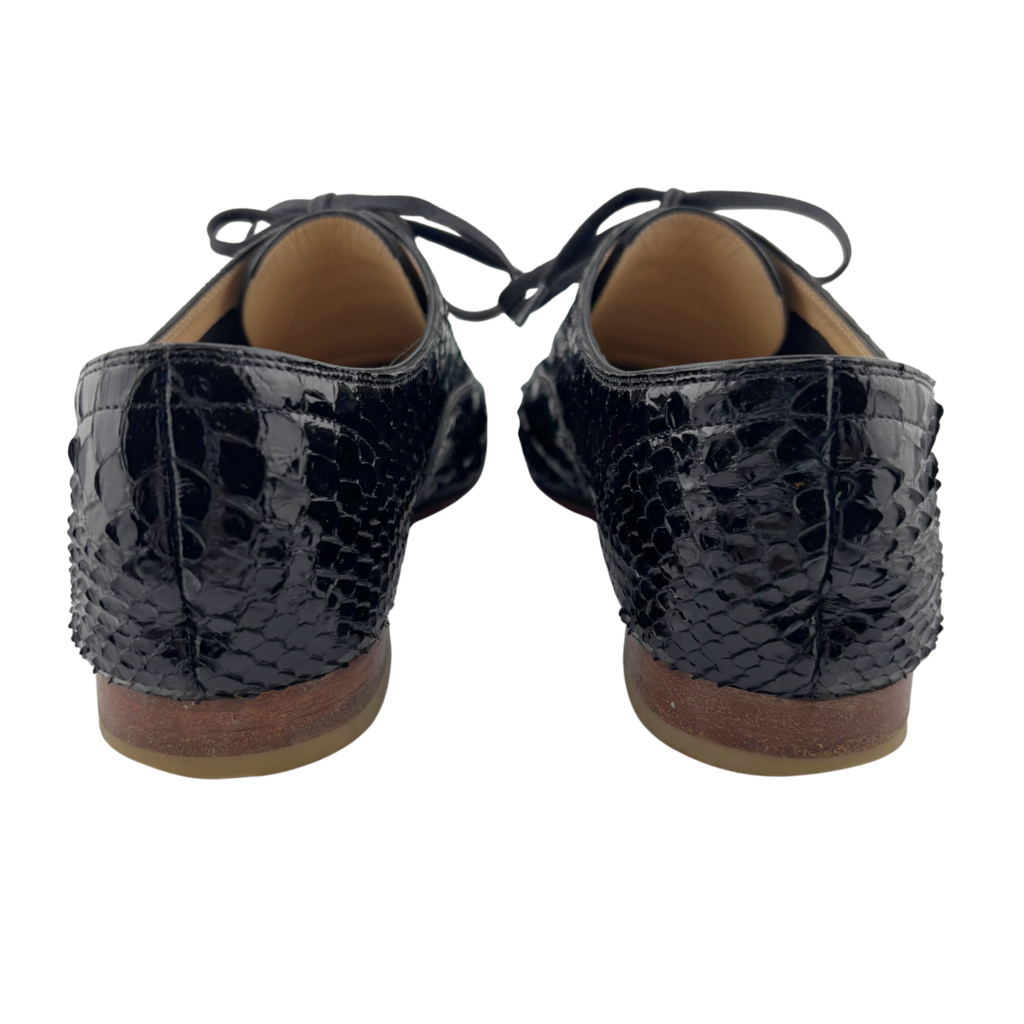 Christian Louboutin Black Python Lace Up Flat, 37.5