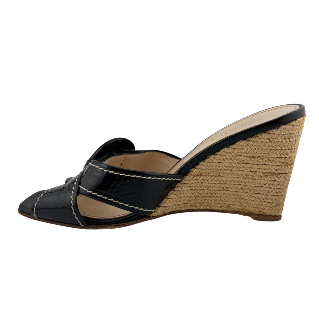 Prada Black Patent Wedge Sandal, 38
