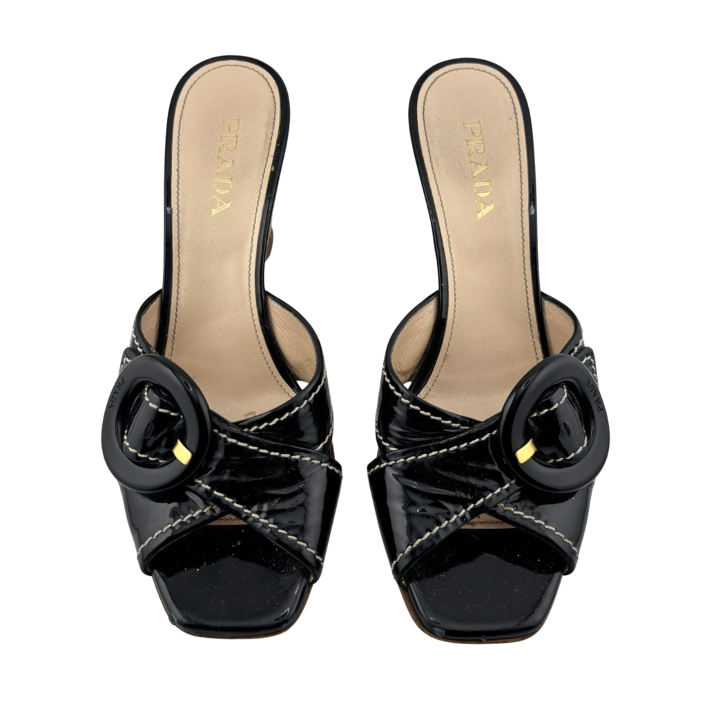 Prada Black Patent Wedge Sandal, 38