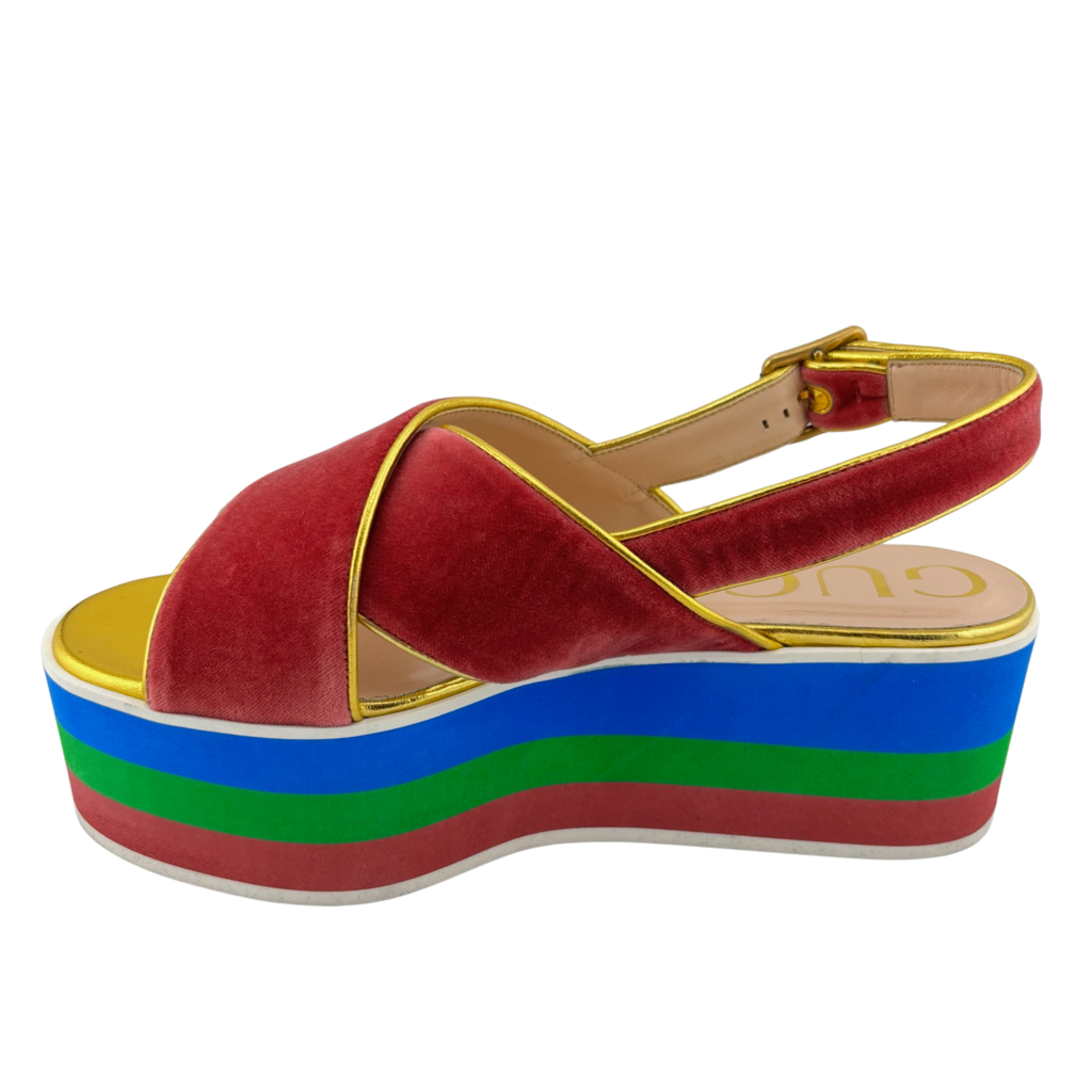 Gucci Pink Velvet Rainbow Platform Sandals, 37.5