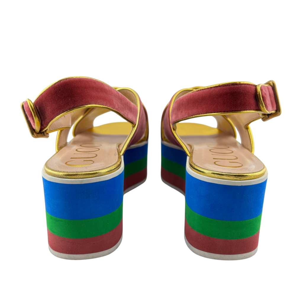 Gucci Pink Velvet Rainbow Platform Sandals, 37.5