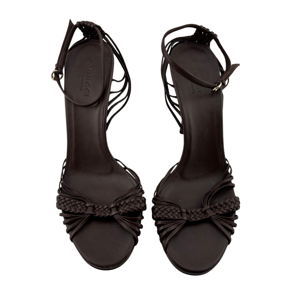 Gucci Brown Woven Leather Bamboo Sandal Heel, 7B
