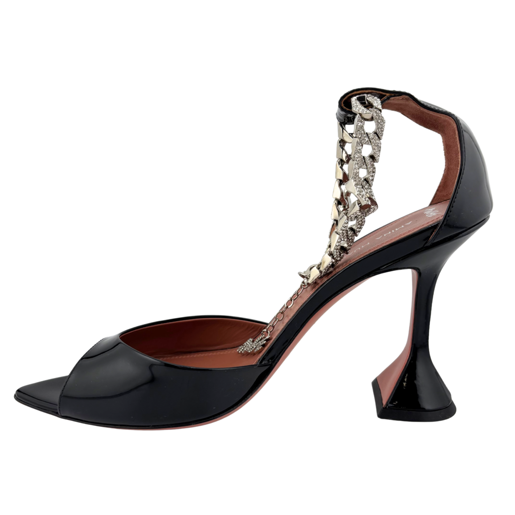 Amina Muaddi x Awge Black Patent Leather Ankle Chain Flacko Heel, 39
